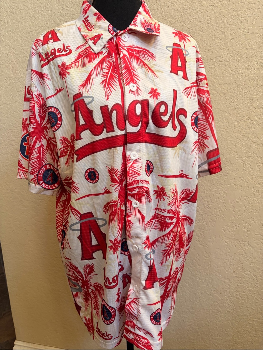 Angels Red and White Palm-Print Button-Down Shirt